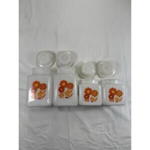 Vintage Milk Glass Canister Retro Home Decor Orange Red White Floral Set Of 4